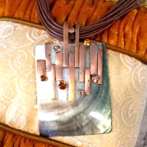 Stunning Bronze, Rhinestone and Abalone & Leather Cord Necklace,